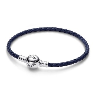 Bracelet en Cuir Tressé Bleu à Fermoir Rond Pandora Moments
