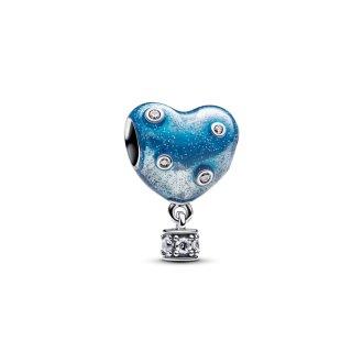 Heart hot air balloon sterling silver charm with clear cubic zirconia and shaded glittery blue enamel