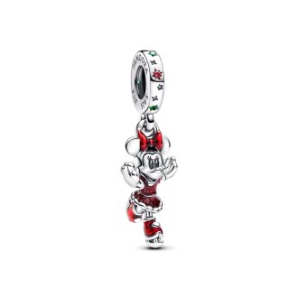 Disney Minnie Mouse ice skating sterling silver dangle with red cubic zirconia, lake green crystal and holo glittery red enamel