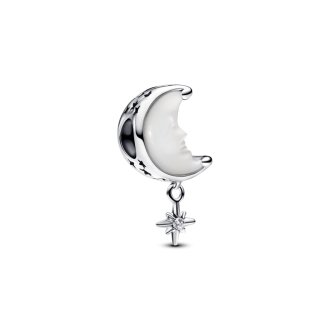 Moon and star sterling silver charm with white bioresin mother of pearl and clear cubic zirconia