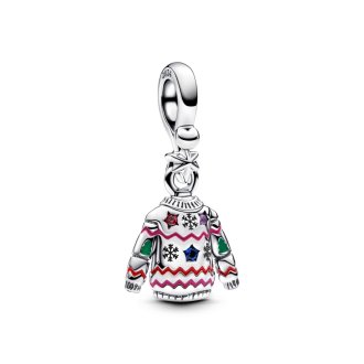 Christmas jumper sterling silver dangle with red cubic zirconia, true blue and royal purple crystal, red, pink and green enamel